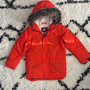 Lands' End Vibrant Red Hooded Jacket with Faux Fur Trim